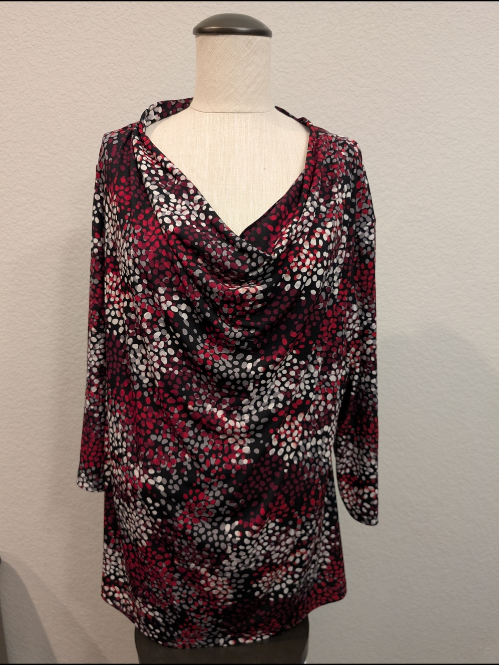 George Women's Sz XL Black, White & Pink Dot Cowl Neck Top Office